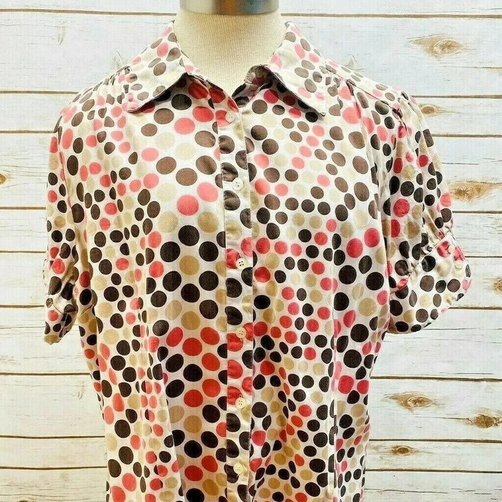 APT. 9 Women Short Sleeve Button Down Collared Brown Polka Dots Shirt Plus Sz 1X